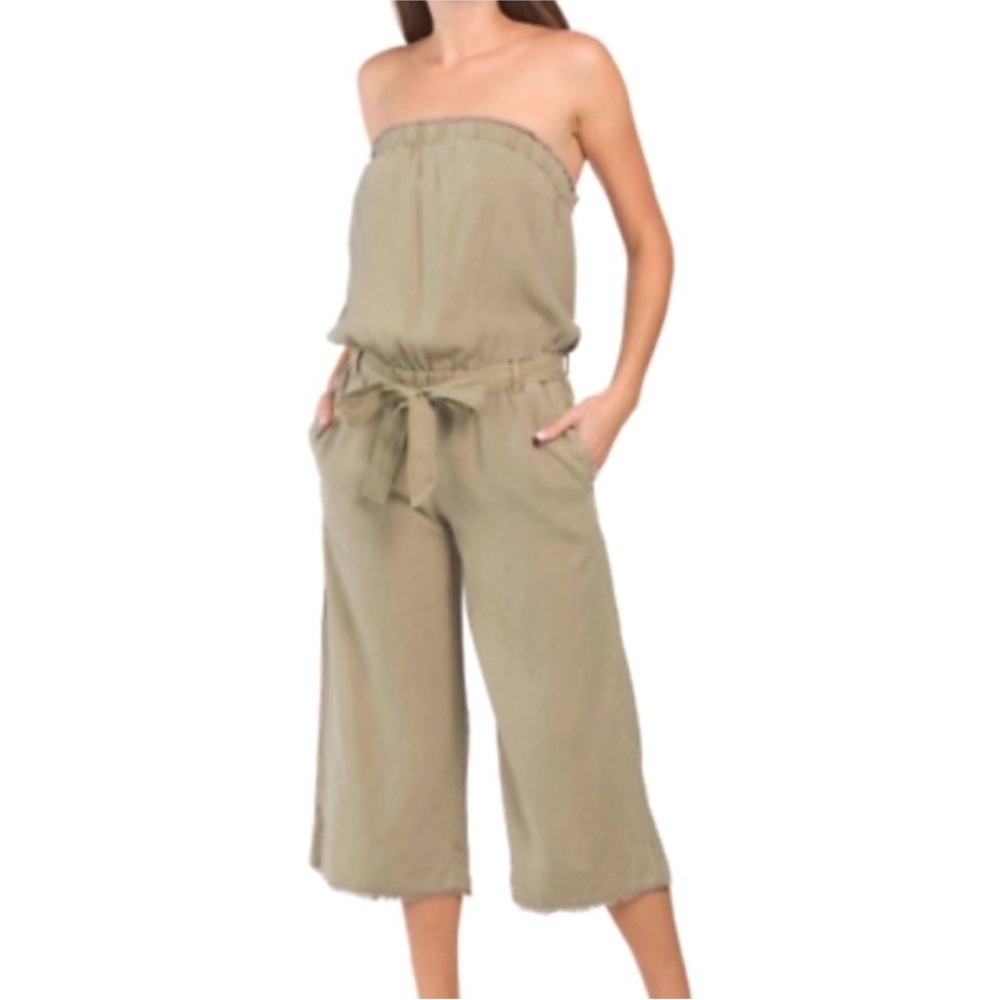 Anthropologie Cloth & Stone Strapless Tan Tube Top Frayed Belted Jumpsuit sz M